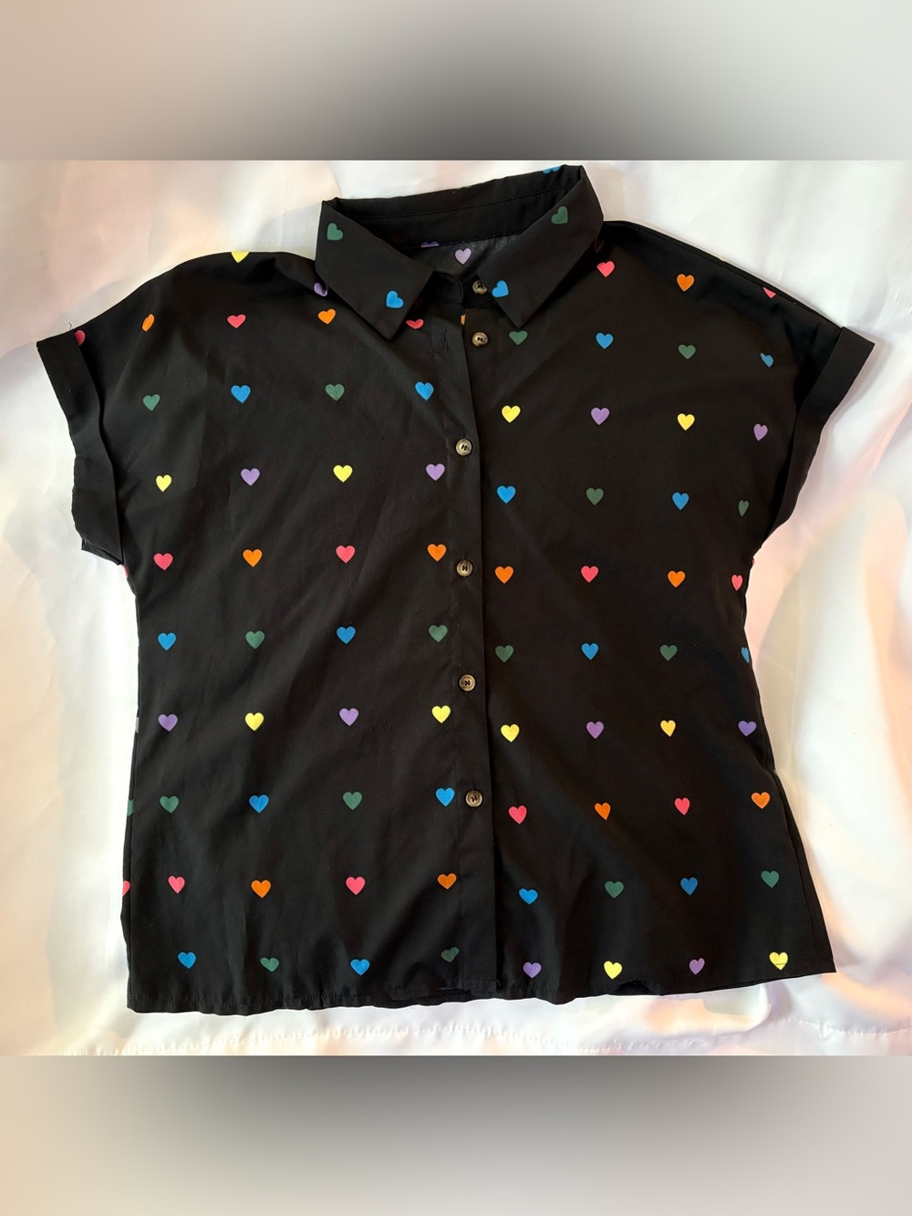 SHEIN women’s Black Button-Up Shirt with Multicolor Heart Print